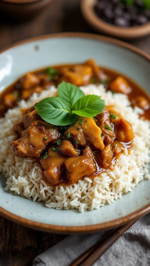 A plate of Pork Adobo served over fluffy jasmine rice, garnished with green herbs.