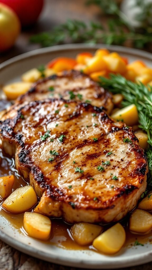 Pork chops served with apples and herbs.