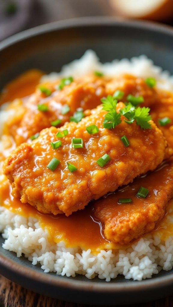 A delicious plate of Pork Katsu Curry served over rice with a flavorful sauce.