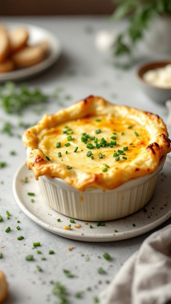 A warm and cozy Potato and Leek Pot Pie served in a dish, topped with fresh chives.