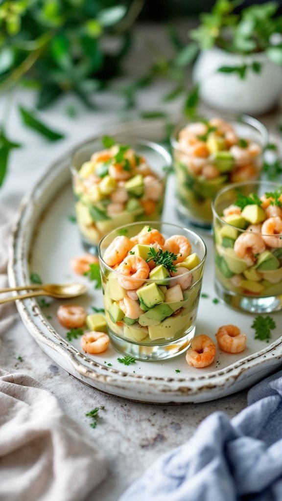 Prawn and avocado salad cups served in clear glasses on a plate.