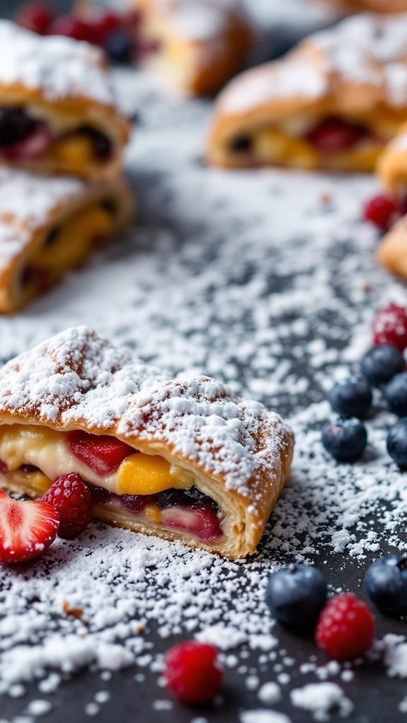 Delicious puff pastry fruit strudels with powdered sugar and fresh berries