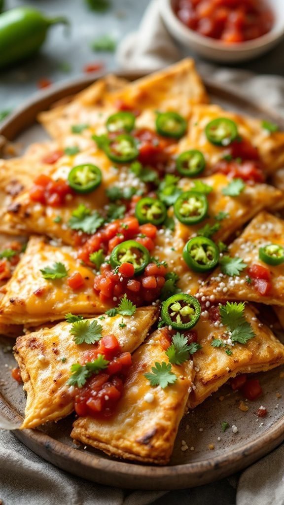 Delicious puff pastry nachos topped with cheese, jalapeños, and fresh salsa.