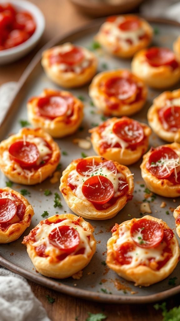 Delicious puff pastry pizza bites topped with pepperoni and melted cheese