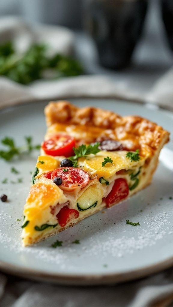 A delicious slice of puff pastry quiche with colorful vegetables and cheese.