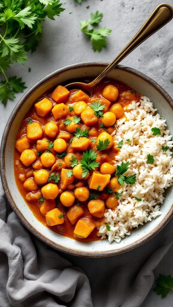 A cozy bowl of pumpkin chickpea curry served with rice.