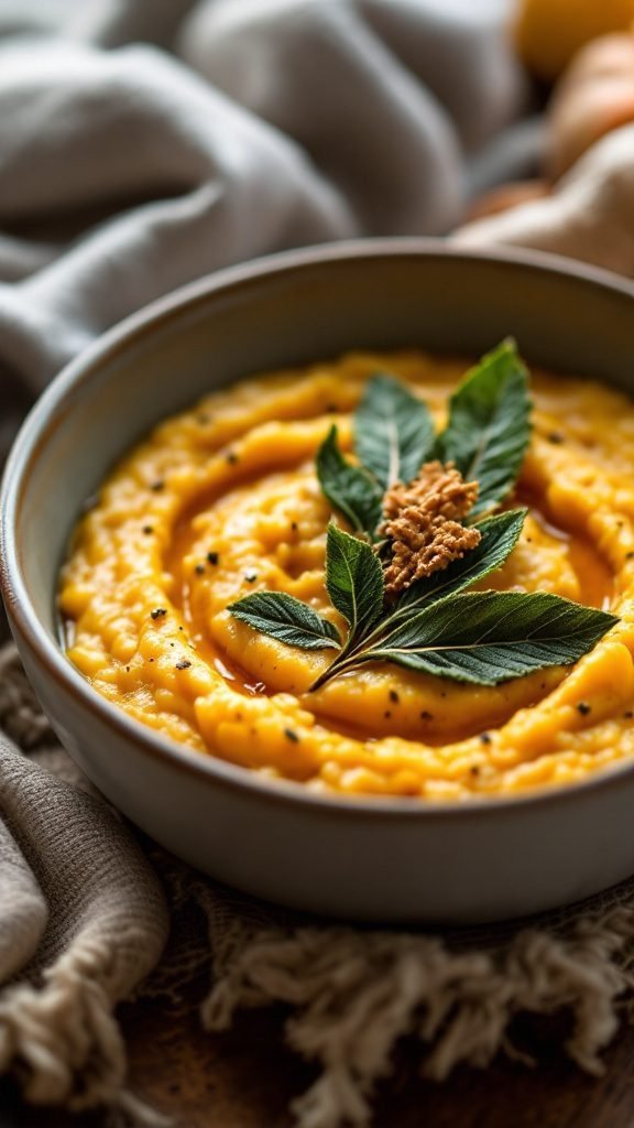 A bowl of creamy pumpkin grits garnished with sage leaves.