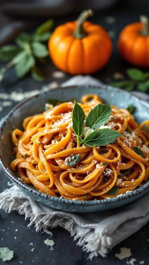 A bowl of pumpkin sage pasta garnished with fresh sage and Parmesan cheese.