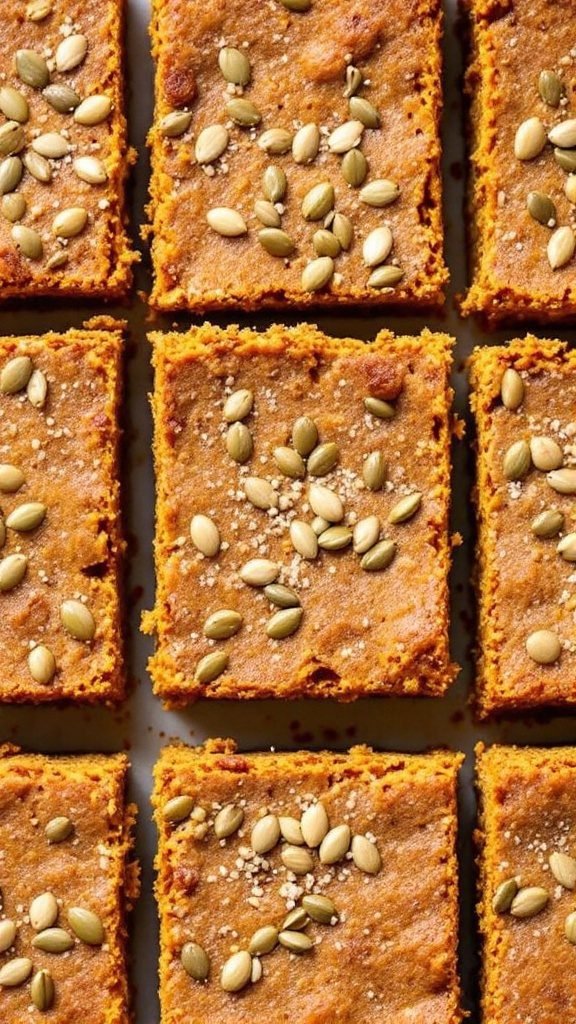 Delicious Pumpkin Spice Breakfast Bars topped with pumpkin seeds.