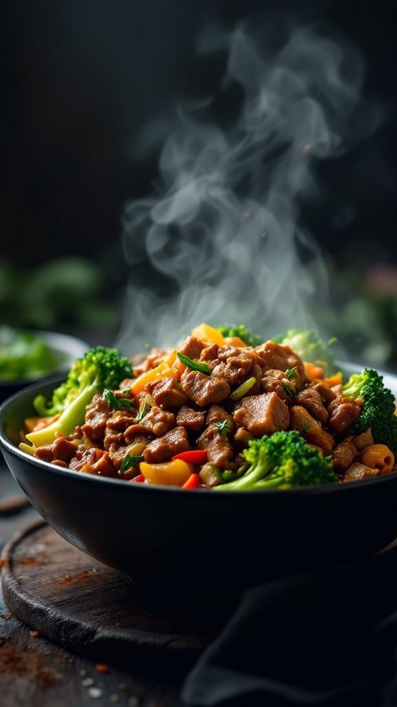 A delicious bowl of beef and broccoli stir-fry.