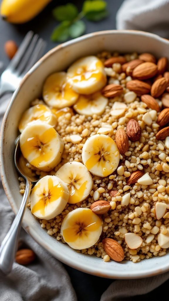 A nutritious quinoa breakfast bowl topped with banana slices and almonds.