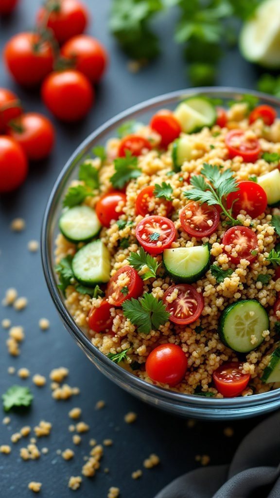 Quinoa salad with cherry tomatoes and cucumbers, garnished with parsley.
