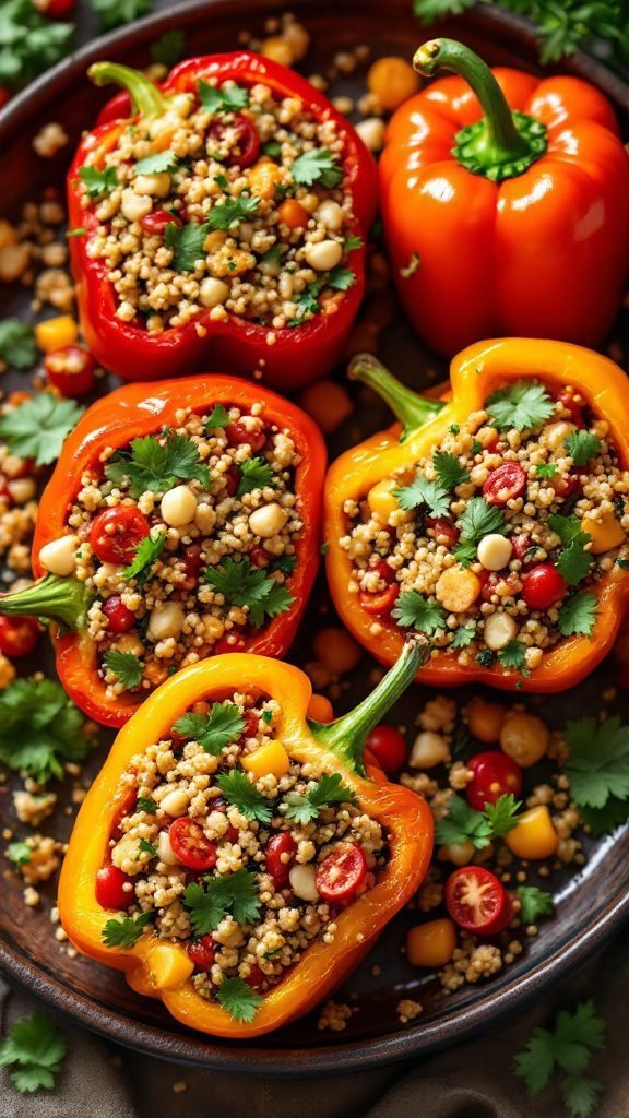 Quinoa stuffed bell peppers with cherry tomatoes and herbs