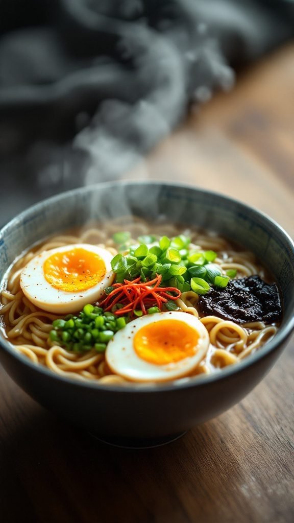 A delicious bowl of ramen noodle soup topped with boiled eggs, green onions, and pickled ginger.