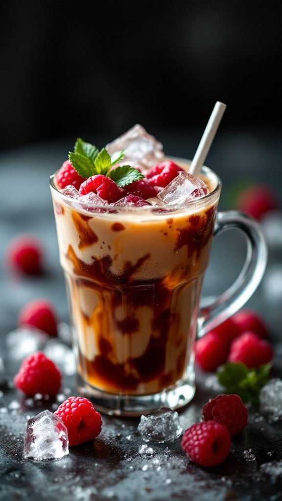 A refreshing raspberry iced coffee in a glass with ice and raspberries around it.