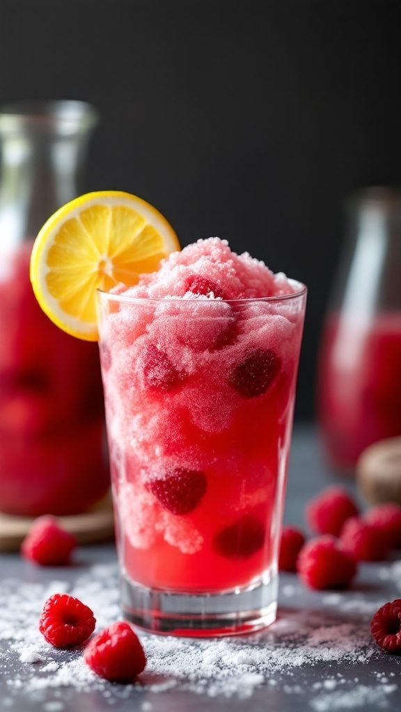 A refreshing glass of raspberry lemonade granita topped with fresh raspberries and a lemon slice.