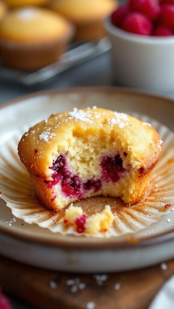 A fluffy and light raspberry lemonade muffin with a bite taken out, showcasing its moist texture and juicy raspberries.