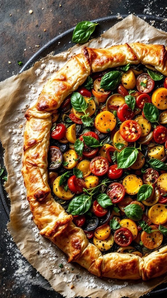 A beautifully arranged ratatouille galette with colorful vegetables.