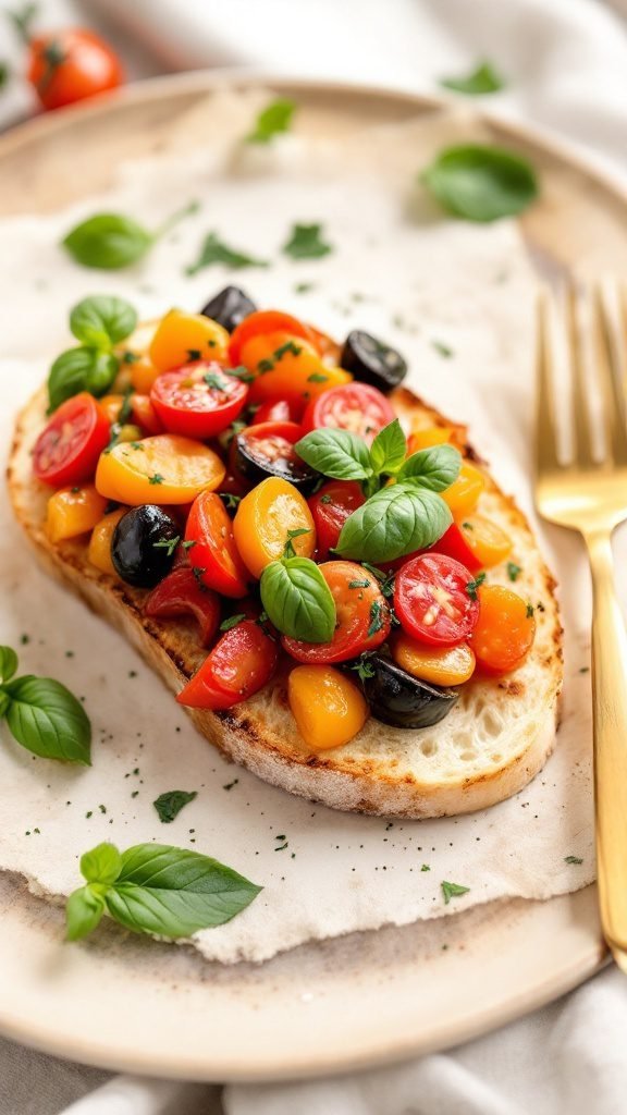 A plate of ratatouille on toast topped with fresh basil leaves.