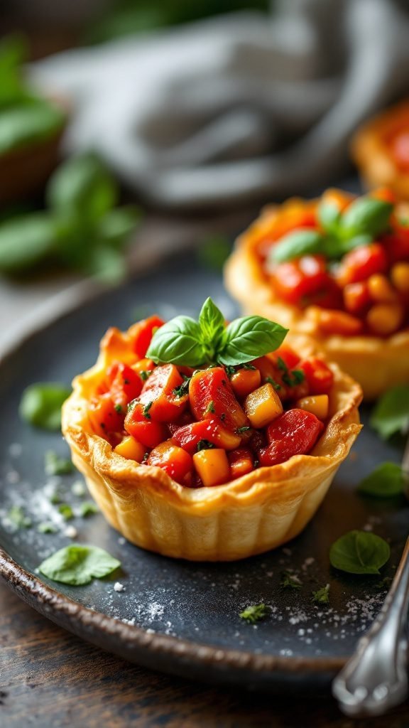 Ratatouille puff pastry cups topped with fresh basil.