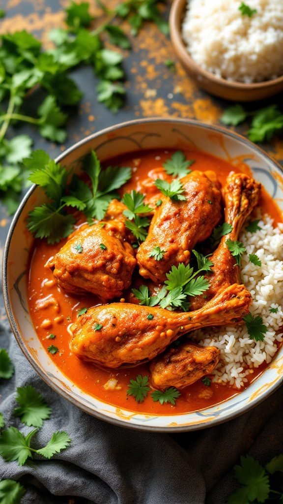 A bowl of red curry duck served with rice and garnished with cilantro.