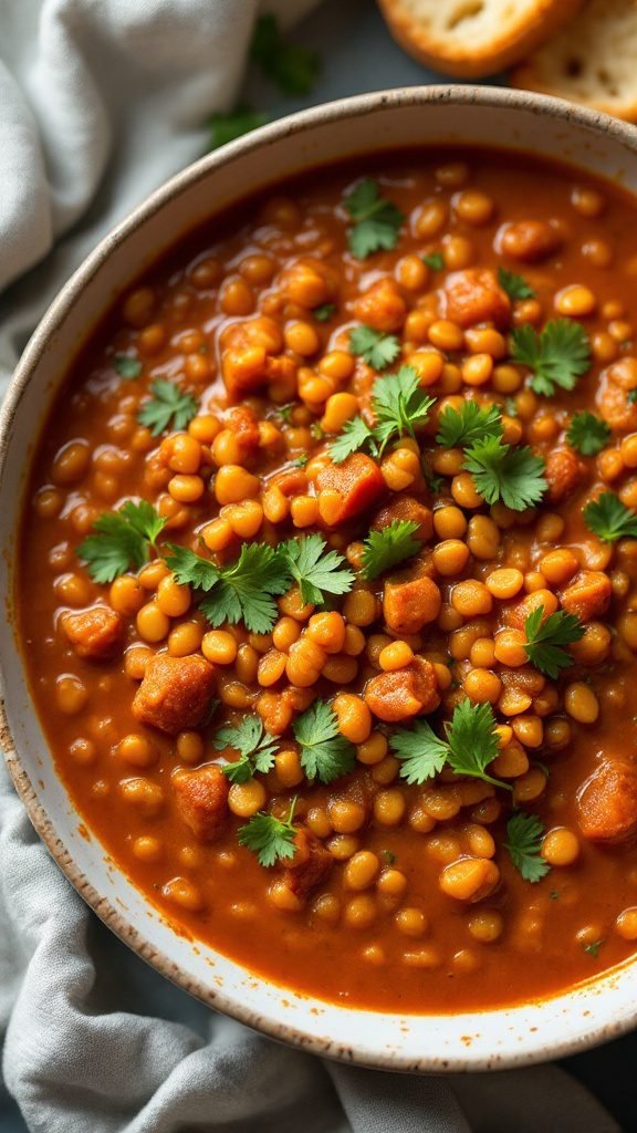 A bowl of red lentil curry topped with fresh cilantro.