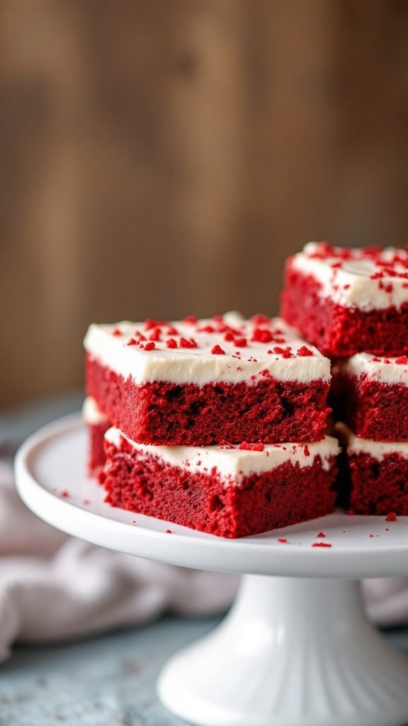 Red Velvet Brownies on a cake stand