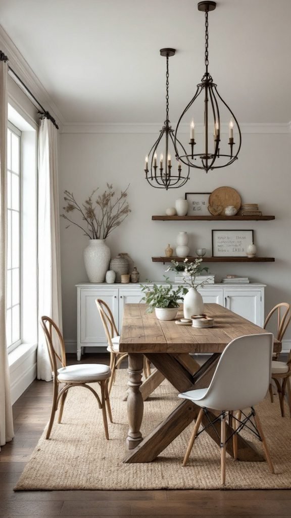 A refined rustic dining room featuring a large wooden table, sleek chairs, statement lighting, and neutral decor.