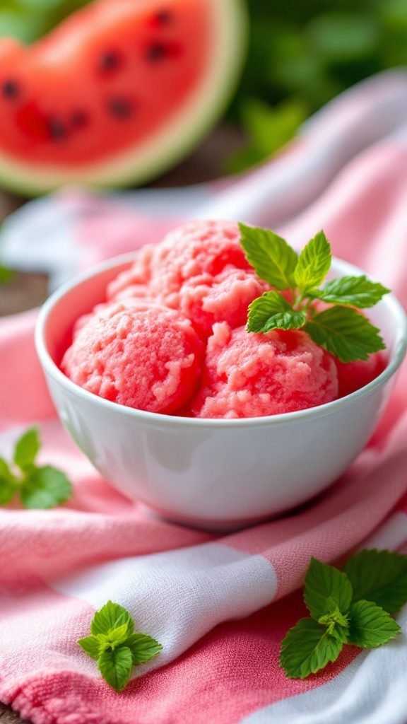 Bowl of refreshing watermelon sorbet with mint leaves