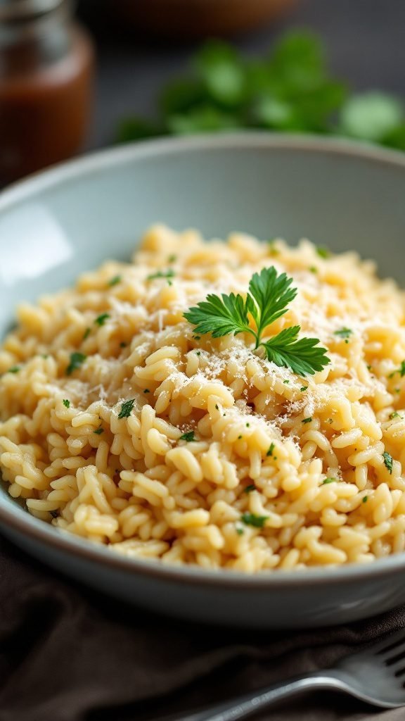 Bowl of rich and creamy risotto topped with parsley and cheese.