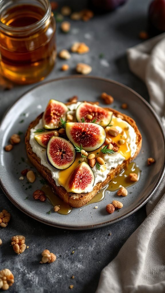 A plate of ricotta toast topped with honey and figs, garnished with nuts.