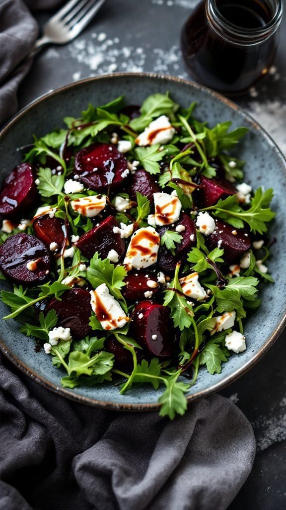 A vibrant salad featuring roasted beets, goat cheese, and fresh herbs.