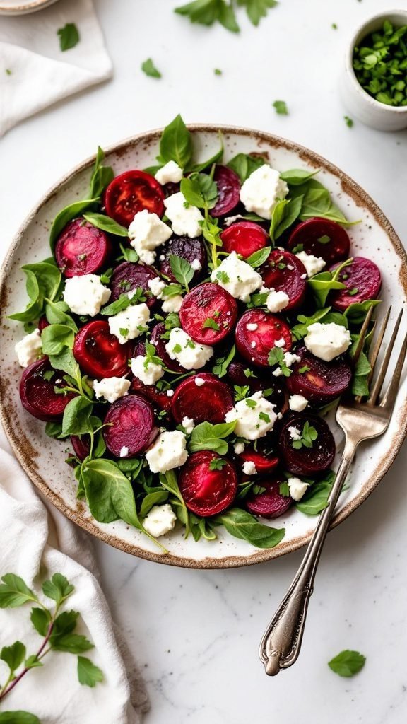A vibrant roasted beet and goat cheese salad with fresh greens and herbs