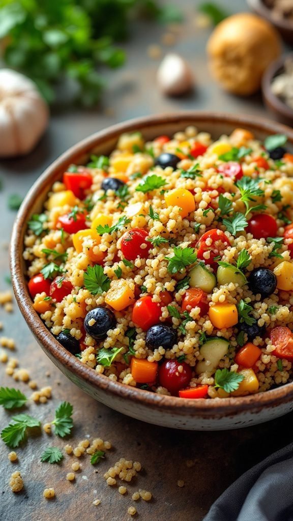 A bowl of colorful roasted garlic and herb quinoa salad.