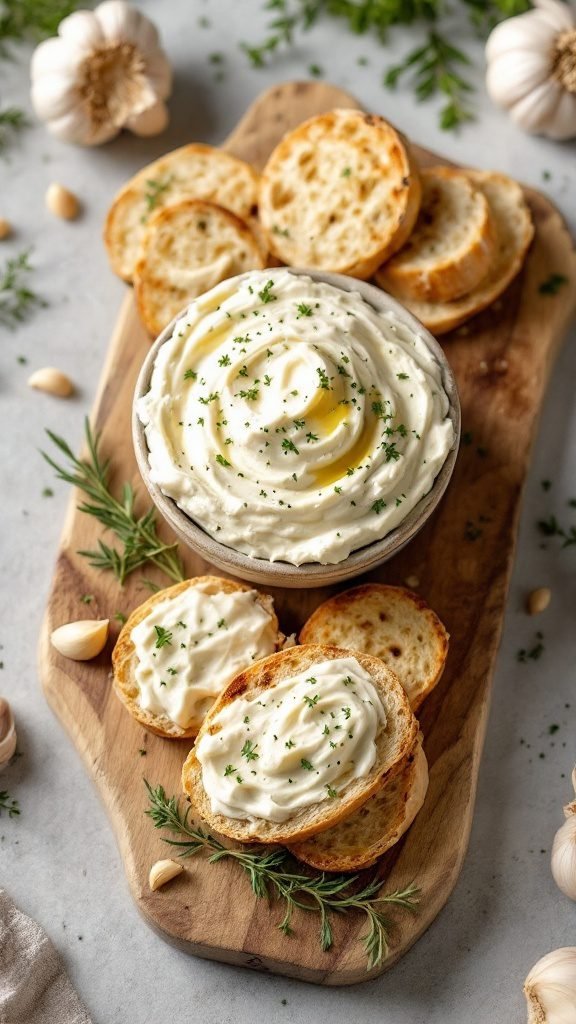A bowl of creamy roasted garlic and herb spread with toasted bread slices on a wooden board.