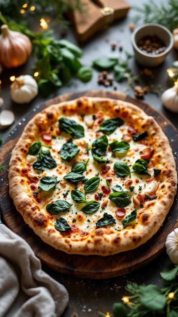 A delicious homemade Roasted Garlic and Spinach Pizza with a golden crust and fresh toppings.