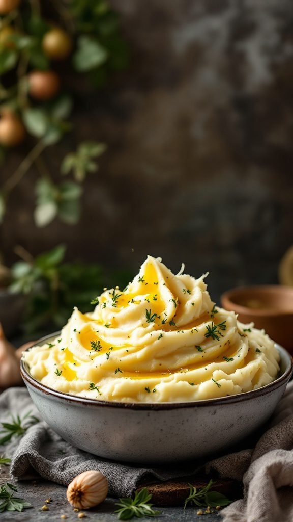 A bowl of creamy roasted garlic mashed potatoes topped with herbs.