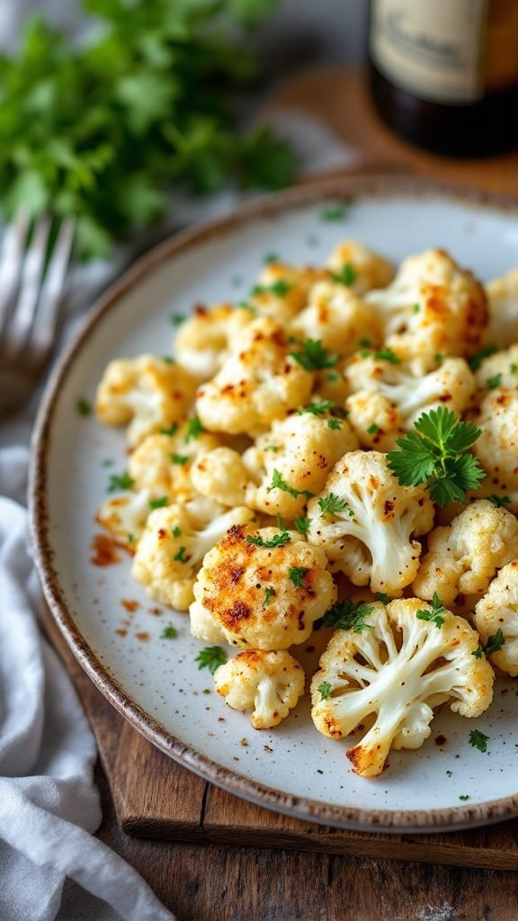 A delicious plate of roasted garlic parmesan cauliflower garnished with fresh parsley.