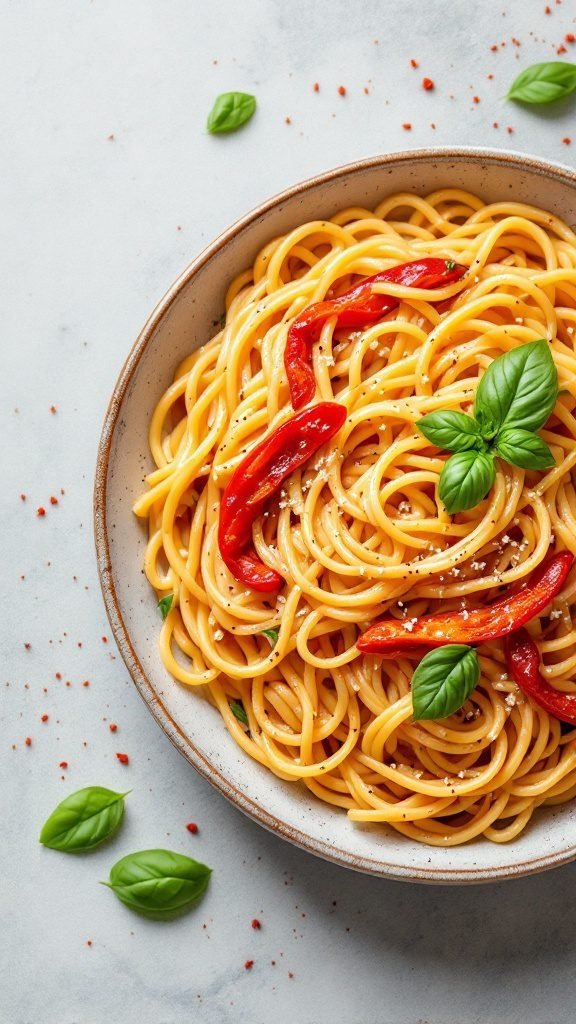 A bowl of roasted red pepper pasta garnished with basil and red pepper flakes.