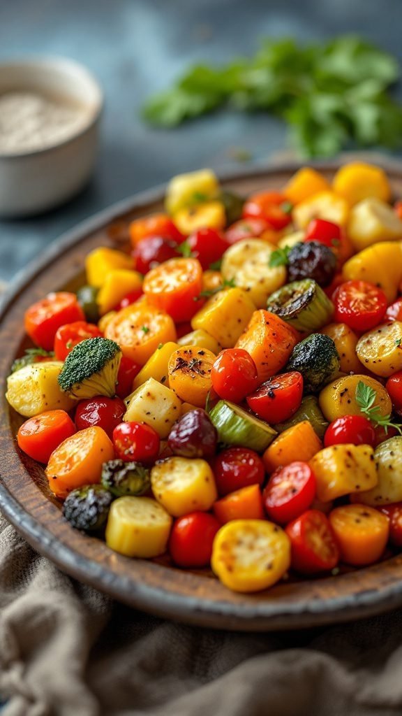 A colorful roasted vegetable medley featuring cherry tomatoes, zucchini, squash, bell peppers, and broccoli.