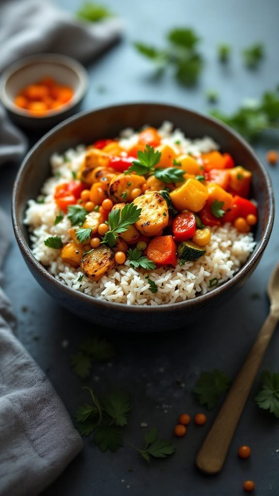 A delicious roasted vegetable rice bowl with jasmine rice and colorful vegetables.