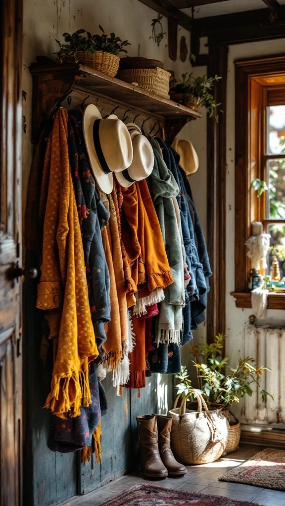 A rustic coat rack in a bohemian hallway, featuring colorful shawls, hats, and woven baskets, complemented by a warm wooden aesthetic.