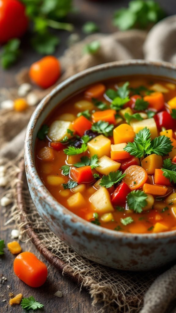 A bowl of rustic vegetable soup with a colorful mix of vegetables and herbs.