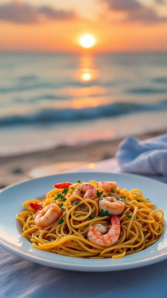 A plate of saffron spaghetti with shrimp garnished with parsley.
