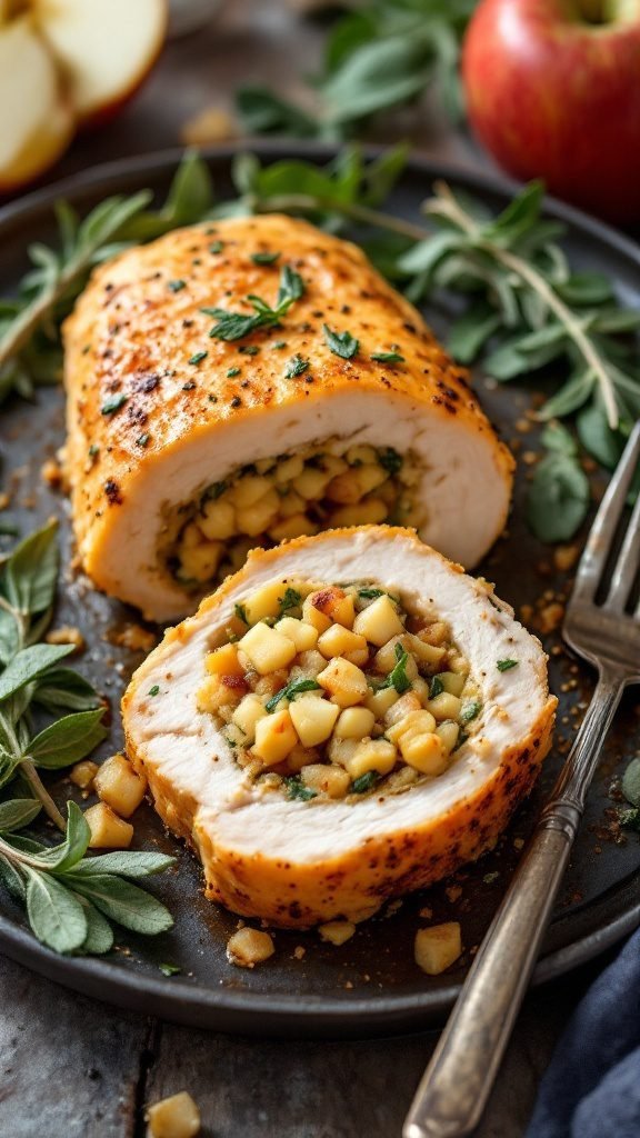Sage and Apple Stuffed Chicken recipe with sliced chicken and apple stuffing