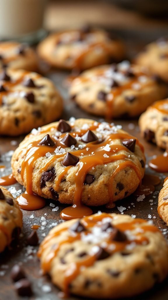 Delicious salted caramel chocolate chip cookies drizzled with caramel and sprinkled with sea salt.