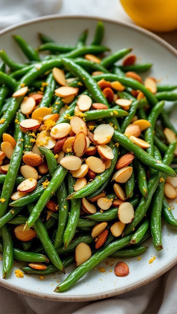 A plate of sautéed green beans topped with sliced almonds and lemon zest.