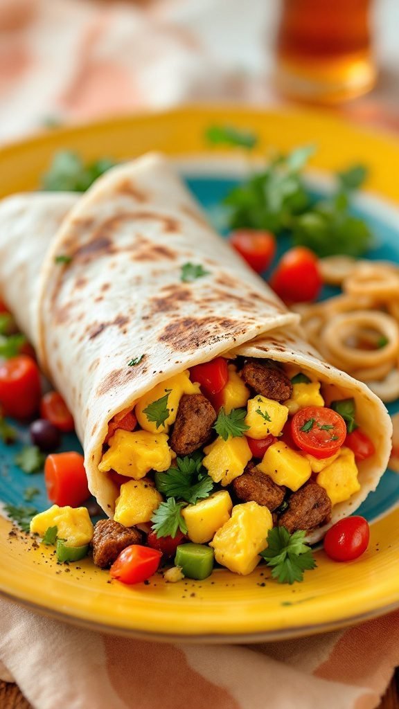 A savory breakfast burrito filled with chorizo and scrambled eggs.