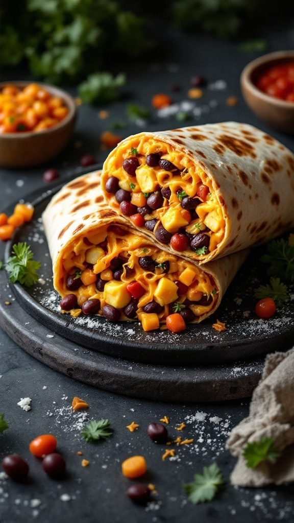 Savory breakfast burritos filled with cheese, beans, and veggies.