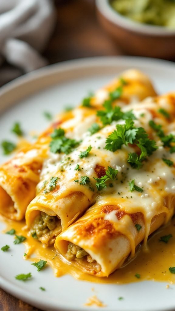 A plate of savory chicken enchiladas topped with cheese and garnished with cilantro.